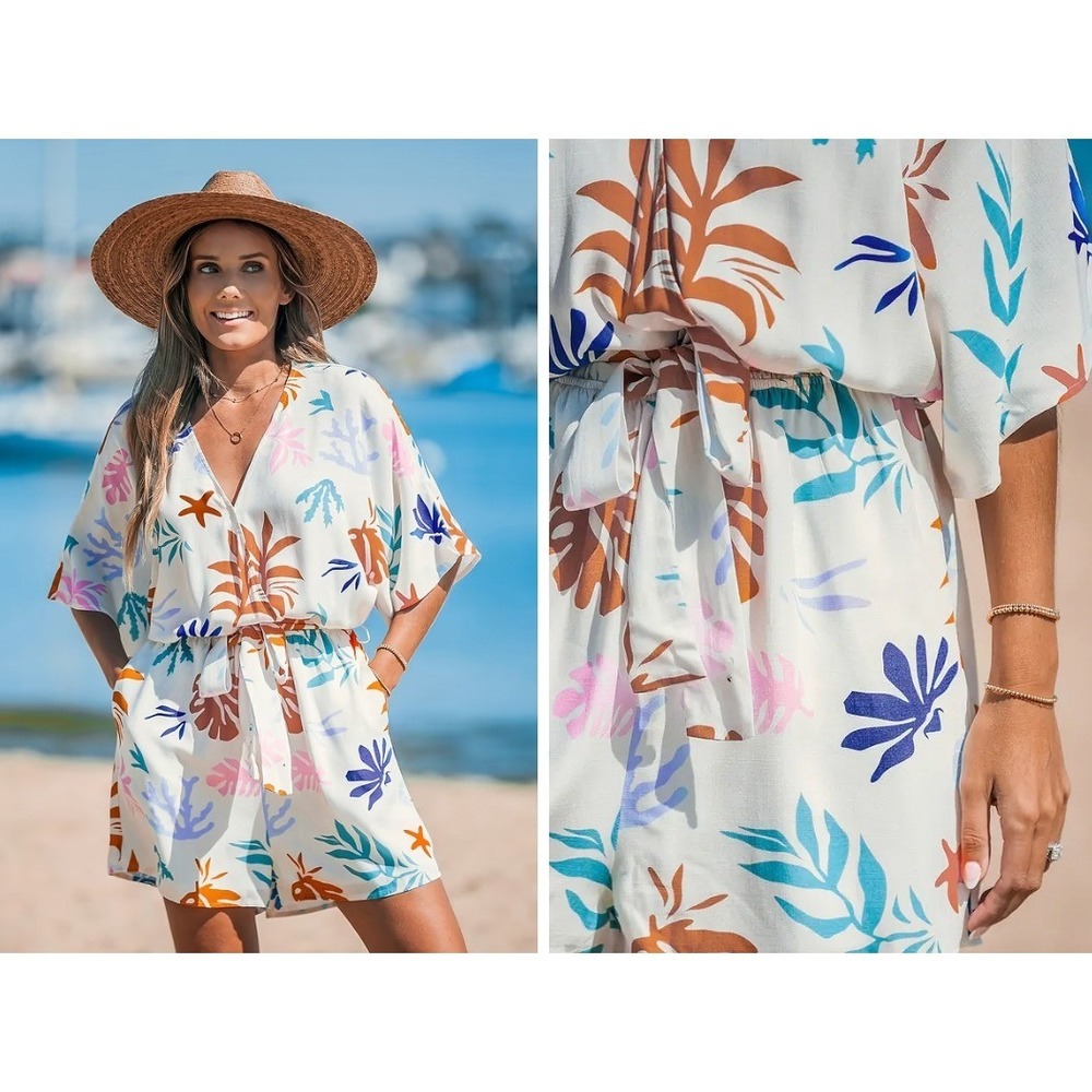 Tropical Leaf Kimono Sleeve Belted Romper White Size Small Coral Shells Starfish